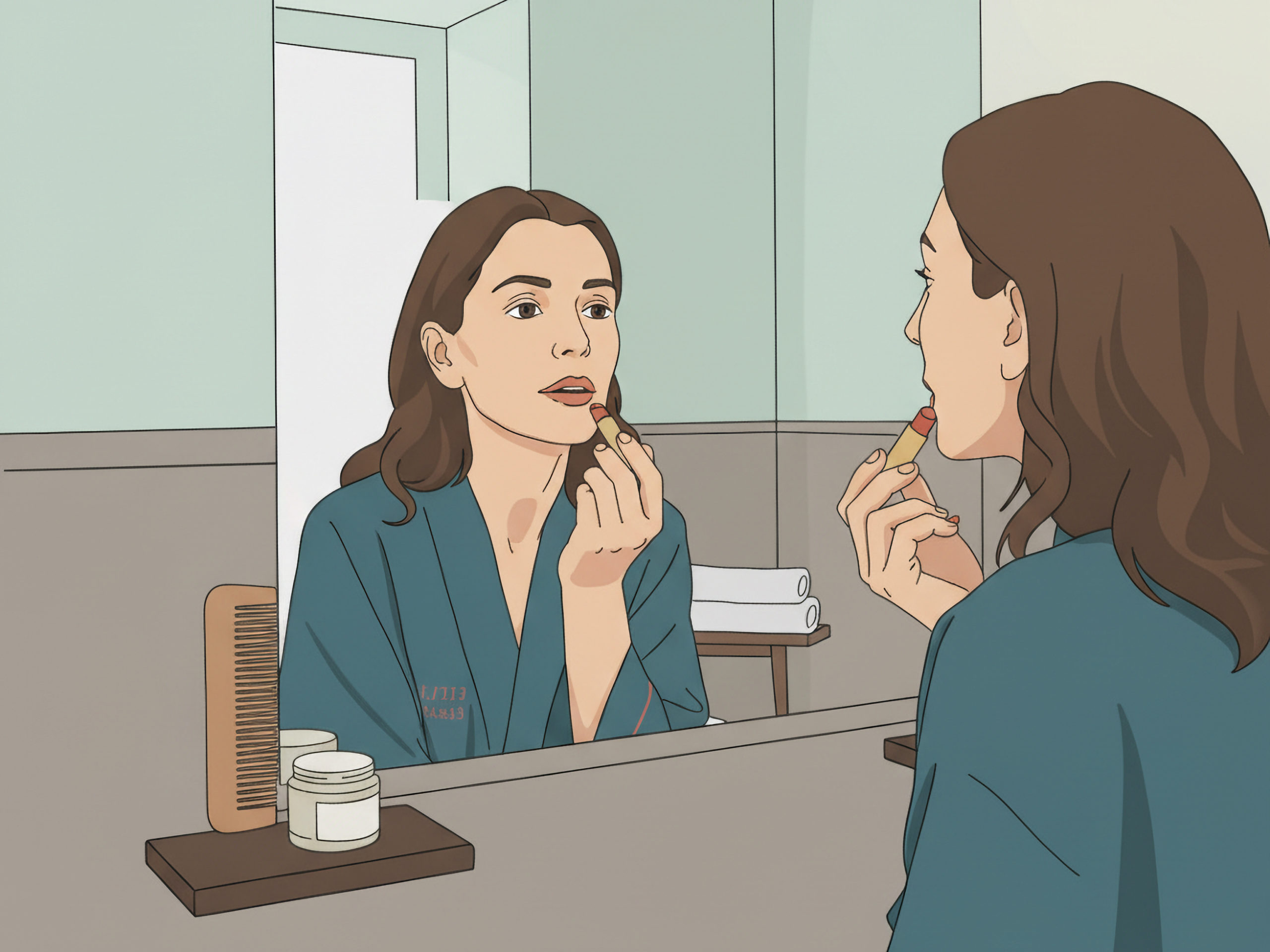 Centro de estética en Gijón - Estela Belleza Mujer aplicando lápiz labial rojo frente a un espejo en el baño. Lleva una bata azul y tiene un peine y frascos en el lavabo. ESTELA Belleza. Imagen generada con IA para efectos ilustrativos