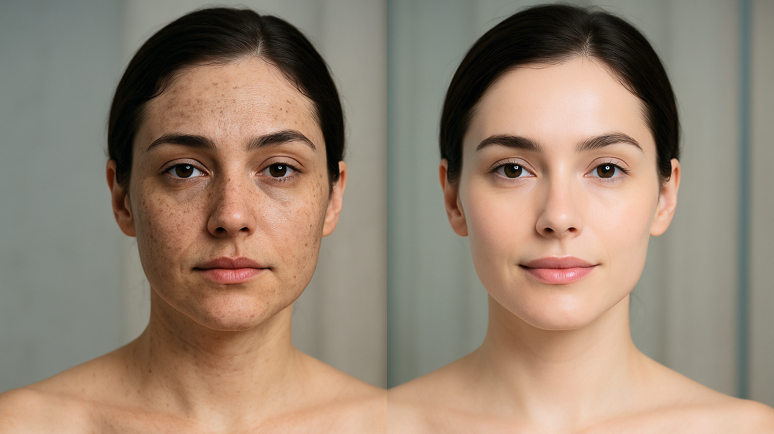 Centro de estética en Gijón - Estela Belleza ESTELA Belleza. Imagen generada con IA con fines ilustrativos. Mismo rostro femenino dividido en dos: izquierda piel opaca con imperfecciones; derecha piel limpia y luminosa tras higiene adecuada
