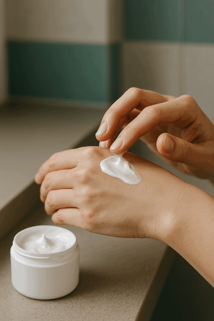 Centro de estética en Gijón - Estela Belleza Manos aplicando crema de un envase blanco sobre el dorso de otra mano en un entorno de baño.