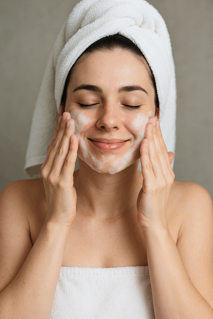 Centro de estética en Gijón - Estela Belleza Imagen generada con IA con fines ilustrativos. Joven con toalla en la cabeza se limpia el rostro con limpiador espumoso; ojos cerrados, gesto relajado y fondo neutro. ESTELA Belleza.