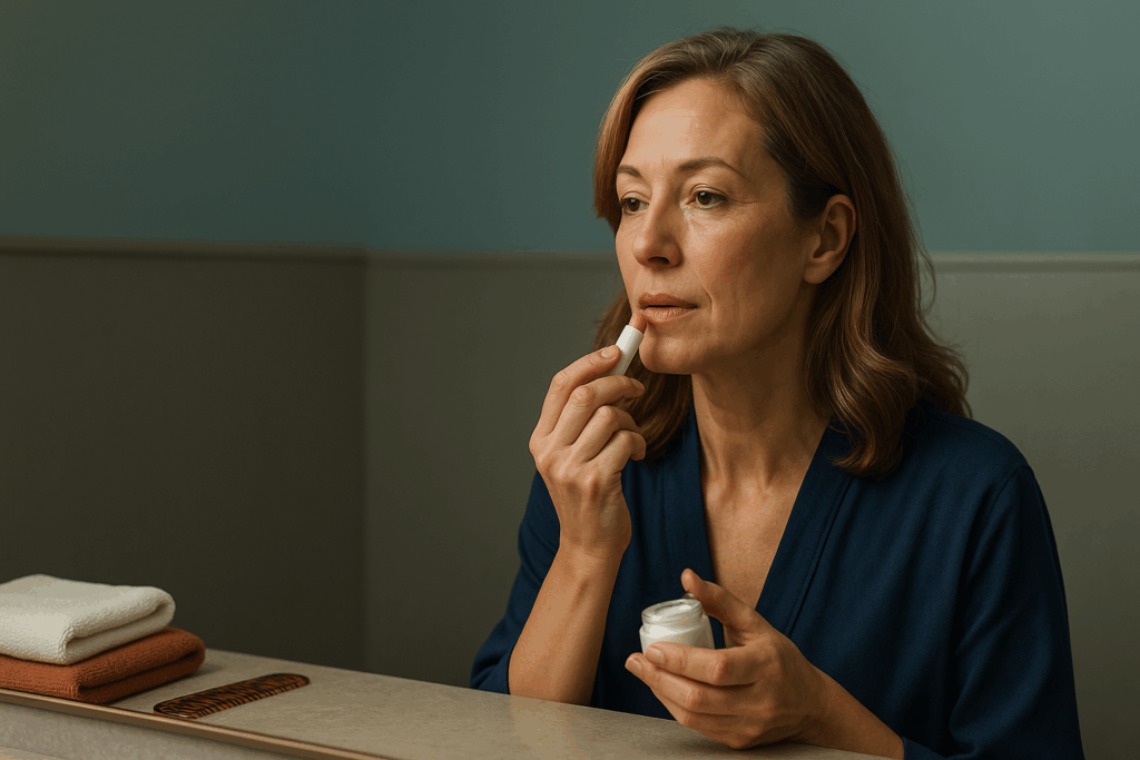 Centro de estética en Gijón - Estela Belleza Mujer madura en bata azul aplicándose bálsamo labial frente al espejo, con toallas dobladas y un peine sobre el lavabo. ESTELA Belleza. Imagen generada con IA con propósitos ilustrativos.
