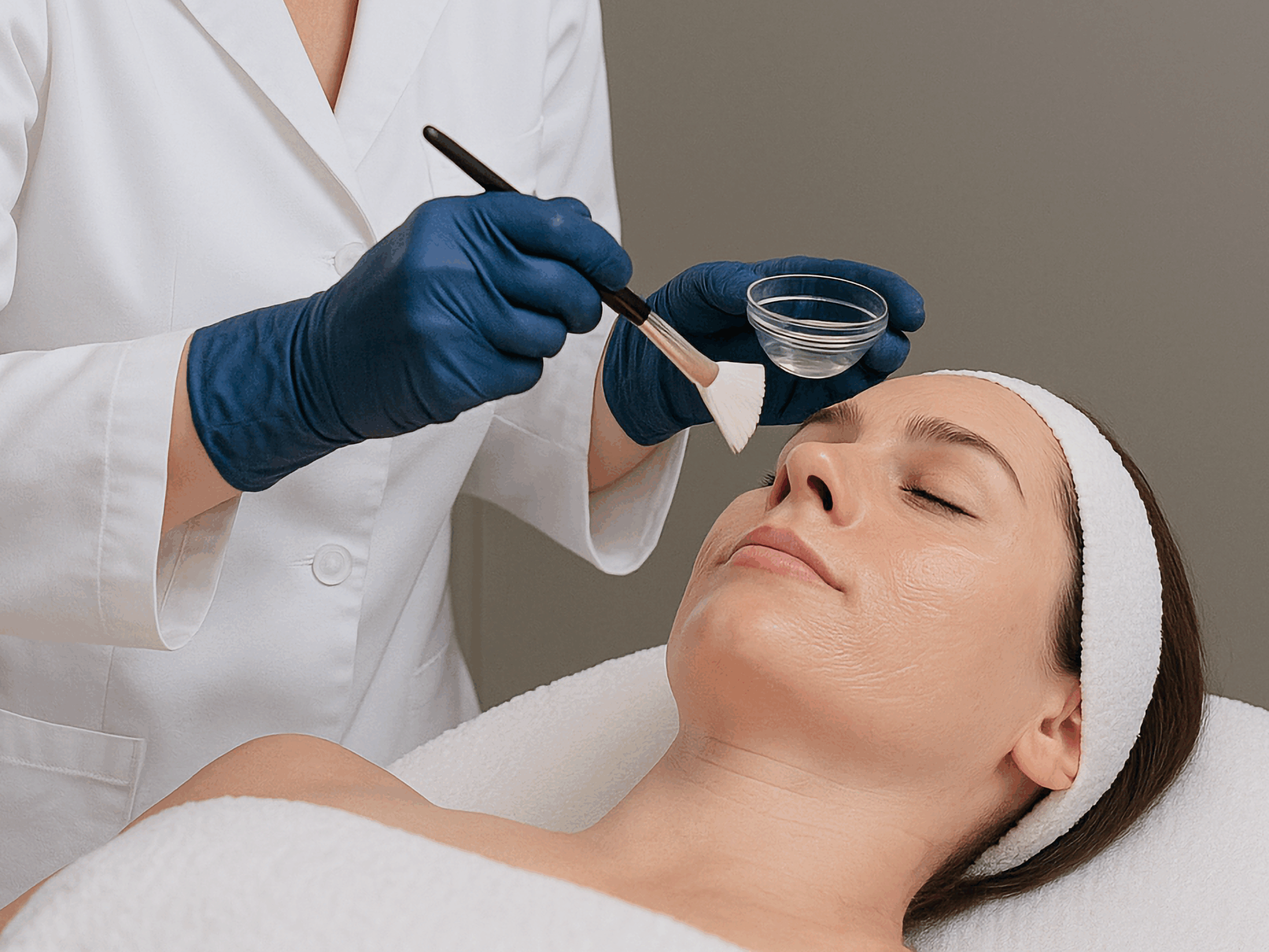 Esteticista profesional aplicando un peeling químico con brocha sobre el rostro de una clienta en una cabina; ambiente sereno y luz suave. ESTELA Belleza