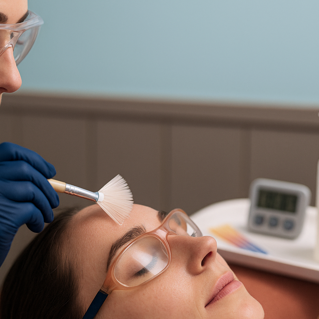 esteticista aplica gel de peeling en la frente de la clienta; fondo con producto y temporizador. ESTELA Belleza