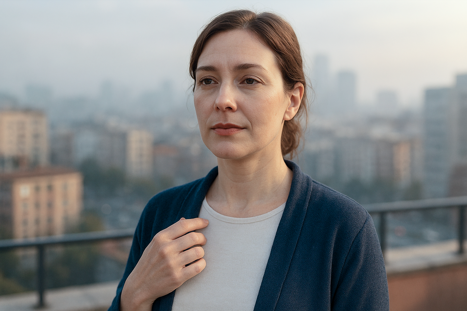 Mujer adulta en una terraza con la ciudad al fondo, simbolizando cómo la contaminación urbana afecta a la piel – Estela Belleza Gijón