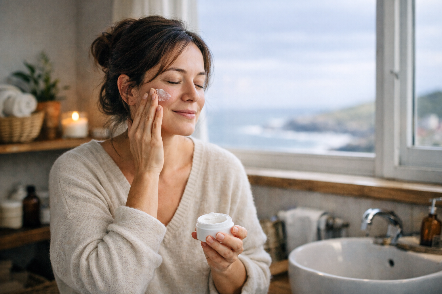 Una mujer se aplica crema hidratante en la mejilla con los ojos cerrados, en un baño luminoso. Al fondo, una ventana muestra el mar y la costa en un día nublado. ESTELA Belleza