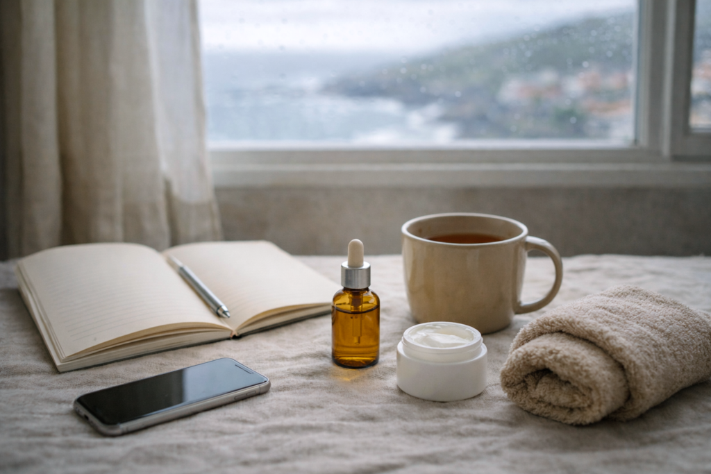 Bodegón sobre una tela clara: un frasco de sérum ámbar con cuentagotas, un tarro de crema abierto, una taza de bebida caliente, una libreta con un bolígrafo, un móvil y una toalla. Al fondo, una ventana con gotas de lluvia y el paisaje costero desenfocado.