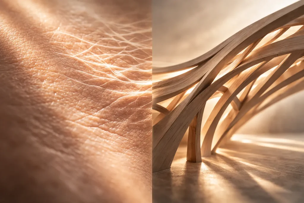 Comparación visual entre la textura de la piel y una estructura arquitectónica de madera que simboliza el colágeno como andamiaje biológico que sostiene los tejidos.