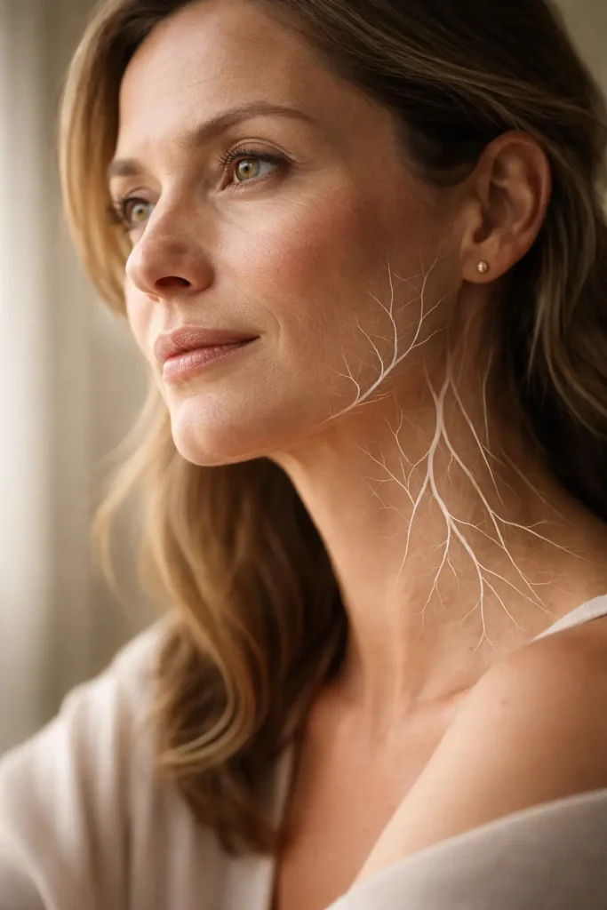 Mujer adulta con piel luminosa mientras una ilustración simbólica de fibras ramificadas representa la red de colágeno que sostiene la estructura y firmeza de la piel.