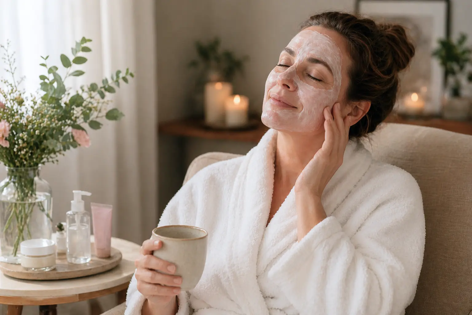 Mujer disfrutando de una pausa de autocuidado facial, ideal como regalo de belleza y bienestar para el Día de la Madre