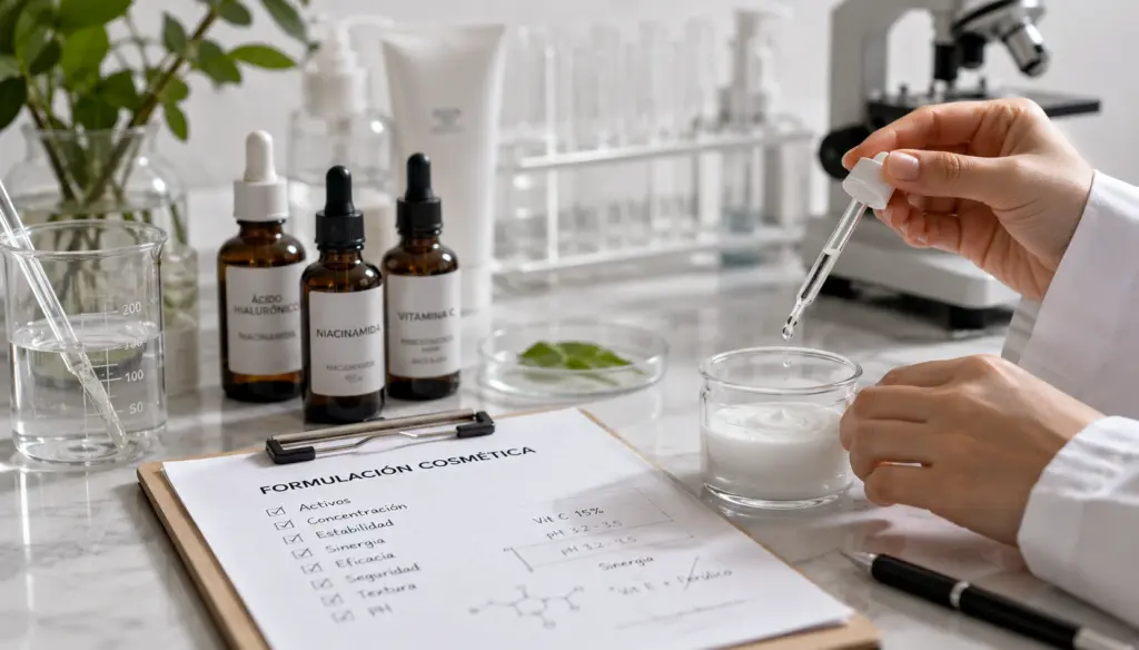 Proceso de formulación cosmética con activos, concentraciones y pruebas de estabilidad. ESTELA Belleza Gijón.
