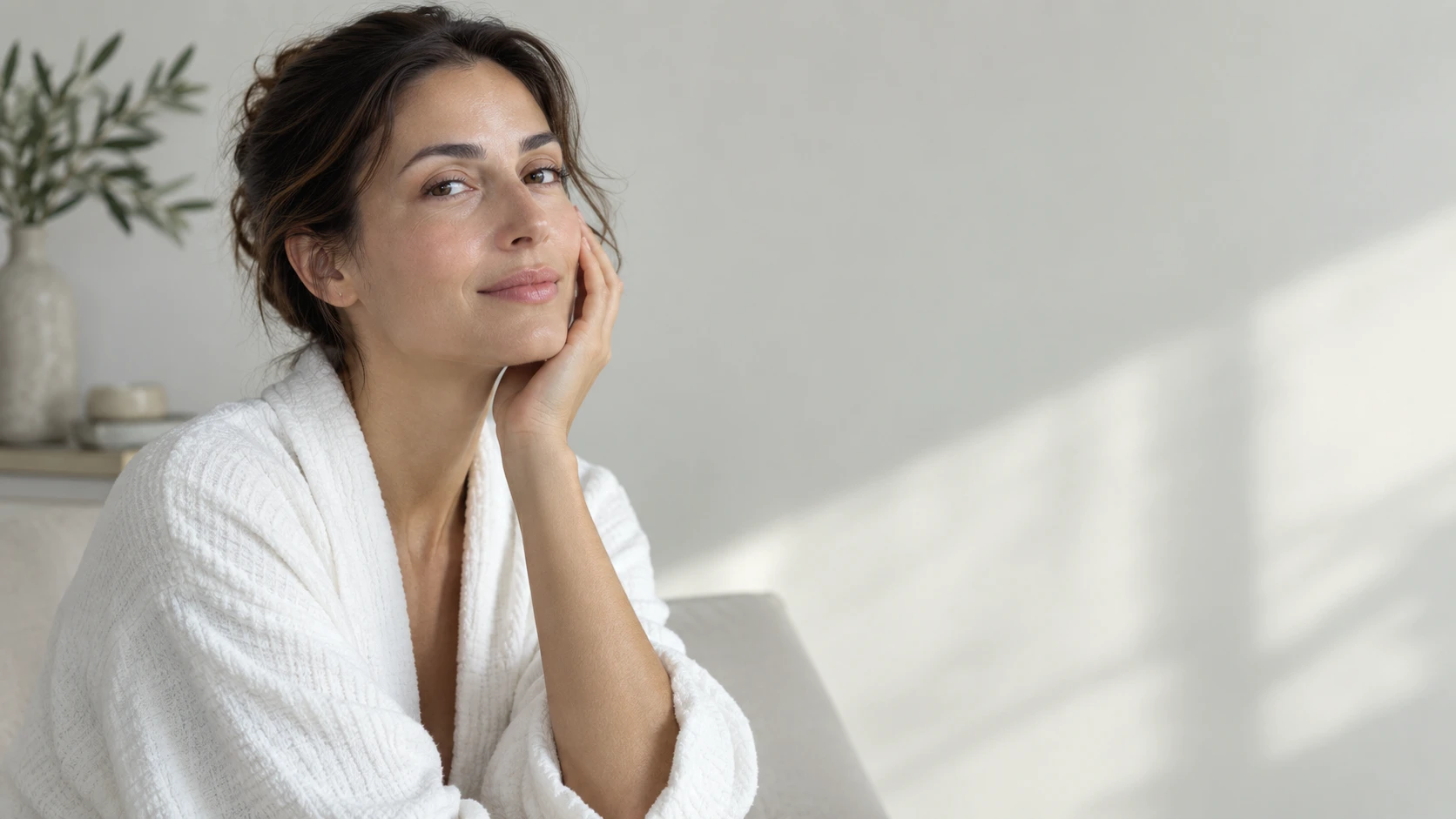 Mujer con la piel natural y luminosa tocándose suavemente el rostro durante un momento de cuidado personal.