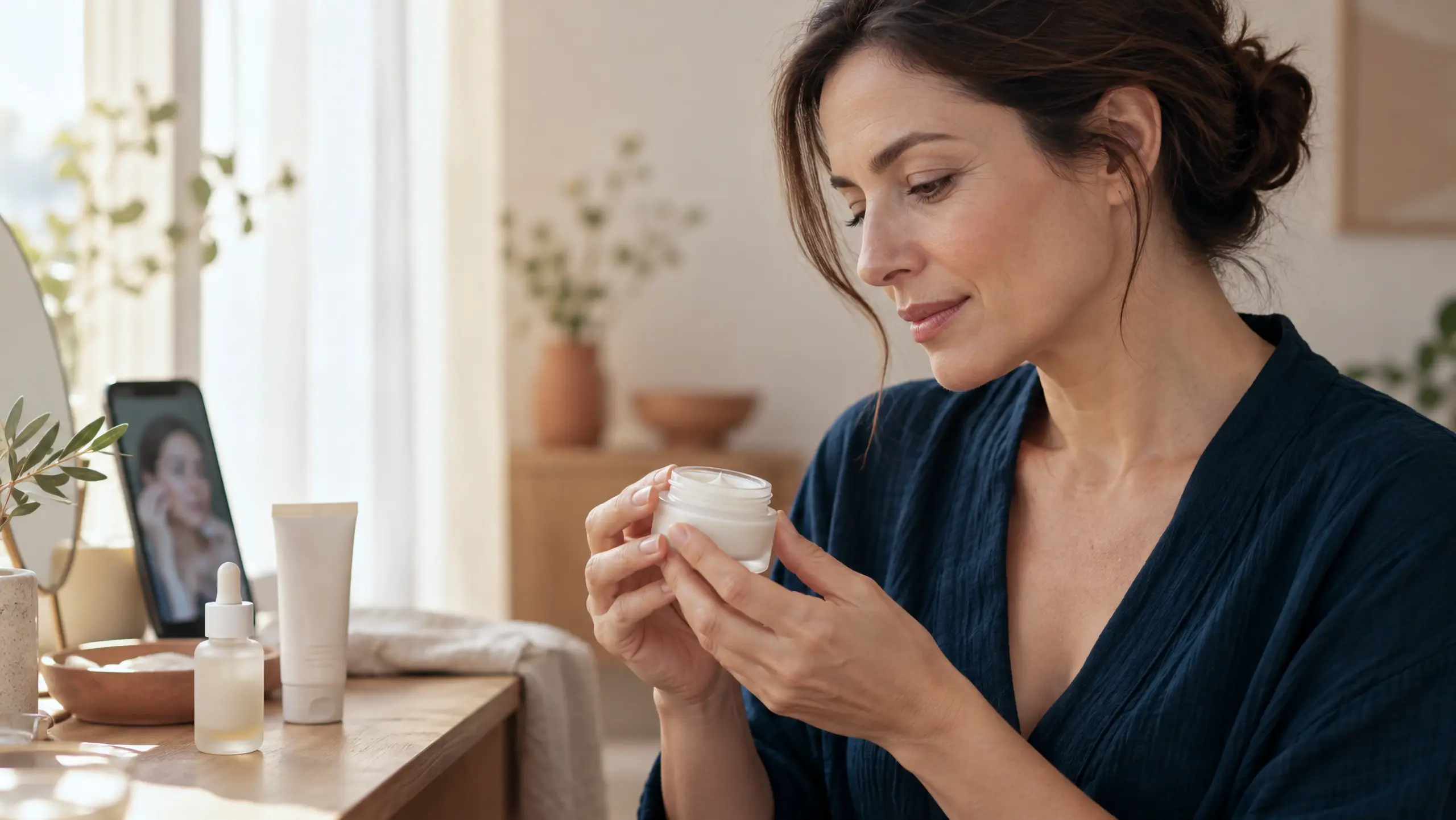 Mujer observando un tarro de crema junto a varios cosméticos y un móvil que muestra un vídeo de cuidado facial.