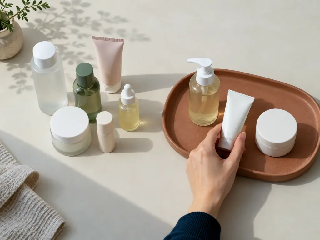 Mano colocando un tubo de cosmético en una bandeja con otros dos productos, junto a varios envases sobre una mesa. Mano colocando un tubo de cosmético en una bandeja con otros dos productos, junto a varios envases sobre una mesa.